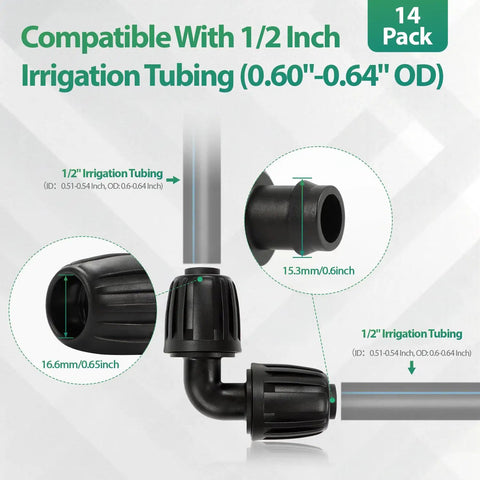 14 Pack One Half Inch Drip Tubing Elbow Fittings With Barbed Lock Nuts For Garden Irrigation Systems One Half Inch ID By Sixteen Millimeter OD 90 Degree Elbows No Brainer Install Anti Drop Connectors For Lawn schematic with tubing compatibility diagram