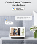 Smart display showing 5MP PoE Security Camera For Home And Outdoor Use, Indoor Surveillance with Google Assistant voice command feature.