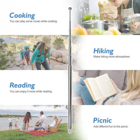 Telescopic 7-Section Antenna 74cm AM FM Replacement in lifestyle scenarios: cooking, hiking, reading, and picnic.