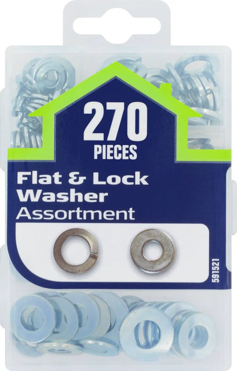 Flat And Lock Washer Set 270 Piece Zinc Plated Assortment In Reusable Plastic Organizer, front view with washers visible