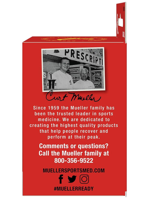 Retro image on red box of Mueller hand and wrist compression glove with history and contact details. Ideal for pain relief.