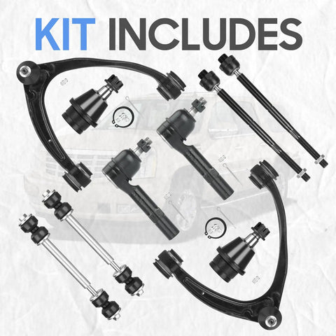 Beefed Up Front Upper Control Arms With Ball Joints And Tie Rods Front Suspension Kit For 2007 2014 GM Full Size Trucks And SUVs Tahoe Suburban Yukon Escalade Silverado Sierra Avalanche 10pc Set, black steel parts
