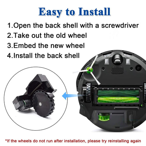 Diagram showing installation of Wheel Module Duo Left And Right Replacement For Roomba I7 I7Plus I8 I6 I6Plus I4 I3 I3Plus J7 E5 E6 E7 Vacuum Cleaners Easy Install Precise Fit Deep Edge And Corner Dirt Removal Durable High Quality Build Two Piece Set