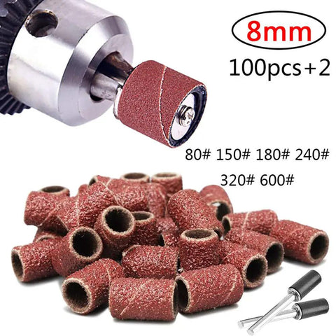 Kickass One Hundred Piece Drum Sanding Kit With Hella Efficient One Eighth Inch Mandrels And Polishing Bands For Rotary Tool Metal Derusting and Smooth Grinding Finish That Will Crush Any Surface Prep Job, showing 8mm sanding drums and mandrels.