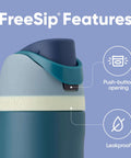 Close-up of the FreeSip Insulated Stainless Steel Water Bottle With Straw And Locking Push Button Lid showcasing features and leak-proof design.