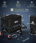 Double Decker Wagon With 54 Inch Tailgate 400 L Total Capacity Heavy Duty 560 Lbs Foldable Utility Cart With Brakes All Terrain Wheels For Beach Camping Sports Black, shown fully extended and folded, with dimensions and storage specifications visible.
