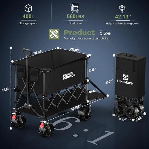 Double Decker Wagon With 54 Inch Tailgate 400 L Total Capacity Heavy Duty 560 Lbs Foldable Utility Cart With Brakes All Terrain Wheels For Beach Camping Sports Black, shown fully extended and folded, with dimensions and storage specifications visible.