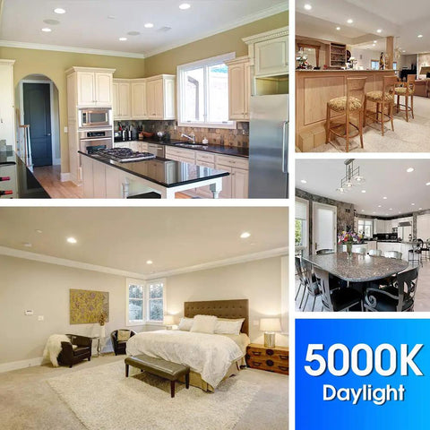 Images of indoor spaces illuminated by 5000K Daylight lighting, showcasing kitchen and living areas.
