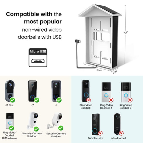Solar Charger For Video Doorbell Keeps Your Wireless Doorbell Running All Day In Sunlight, 5V 2.1W Micro USB Power Port, Waterproof Outdoor Accessory For 2nd Gen 2020 Video Doorbells And Non Wired Models