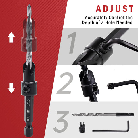 Countersink Drill Bit Set Five Piece Tapered Drill Bits With One Quarter Inch Hex Shank Quick Change Includes Allen Wrench For Woodworking In Soft And Hard Wood Adjustable Depth Stop For Precise Pilot Holes, with close-up of adjustment mechanism and components.
