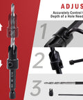 Adjustable Three Piece Countersink Drill Bit Set With Precision Depth Stop Collars And Secure Hex Shank For Flawless Pilot Holes In Wood Or Metal Heavy Duty Steel Designed To Knock Out Tough Jobs Without Skipping A Beat Shop Ready Kit showing depth adjustment mechanism.