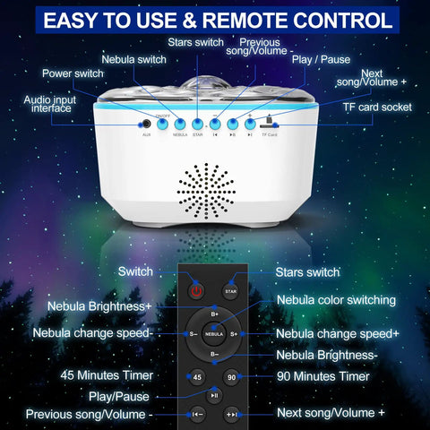 Star Projector Galaxy Night Light With Remote Control And Timer Bluetooth Speaker Aurora Ocean Wave Nebula Sky Projector For Ceiling Decor Epic Bedroom Or Living Room Gift For Kids And Adults, showing controls and buttons.