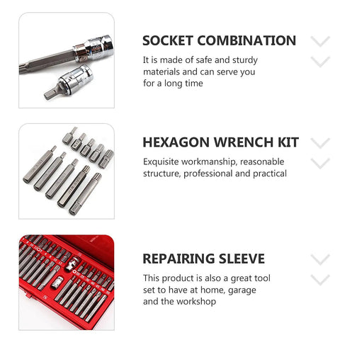 Heavy Duty Hexagon Wrench Set With Ratchet Socket Combo Featuring Spline And Star Bits Solid Metric Driver Kit in red case.