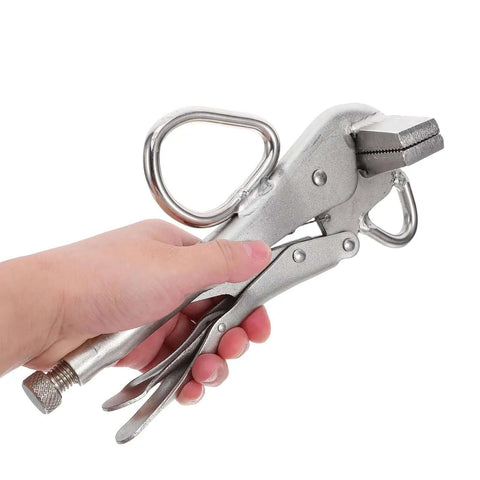 Adjustable Auto Body Sheet Metal Clamp Tool With Wide Flat Duckbill Jaws held in hand for dent repair