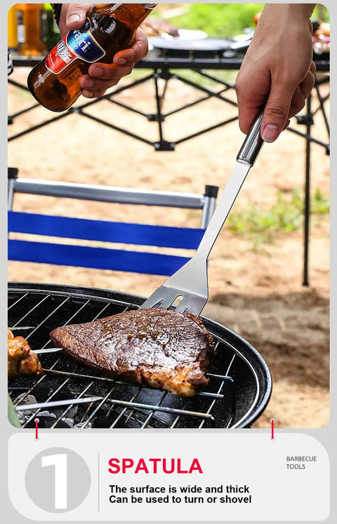 Person using stainless steel spatula to flip steak on grill, part of Stainless Steel Grill Tool Set With Chef Spatula Tongs And Fork Outdoor Barbecue Utensils Kit Built To Last Travel Ready Grilling Accessories For Home Or On The Go A Smart Gift For Grill Masters.