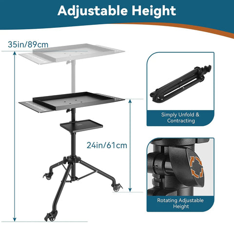 Rolling Tool Cart With Adjustable Height Work Table On Wheels, 2 Tool Tray Holders, 24-35 inch height, heavy-duty metal