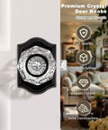 Vintage Octagon Crystal Glass Door Knobs 2 Pack Interior Privacy Lockset for Bedroom and Bath with Matte Black Arched Rosettes Durable Zinc Alloy Hardware installed on a white door, side view
