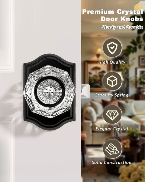 Vintage Octagon Crystal Glass Door Knobs 2 Pack Interior Privacy Lockset for Bedroom and Bath with Matte Black Arched Rosettes Durable Zinc Alloy Hardware installed on a white door, side view
