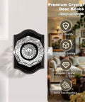 Matte Black Octagon Crystal Glass Door Knob Set 6 Pack Keyless Privacy Function for Bedroom and Bathroom installed on a white door.