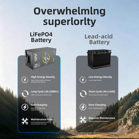 Comparison of Heavy Duty 72V 40Ah LiFePO4 Battery With 50A BMS And 5A Plug In Charger versus conventional lead-acid battery.