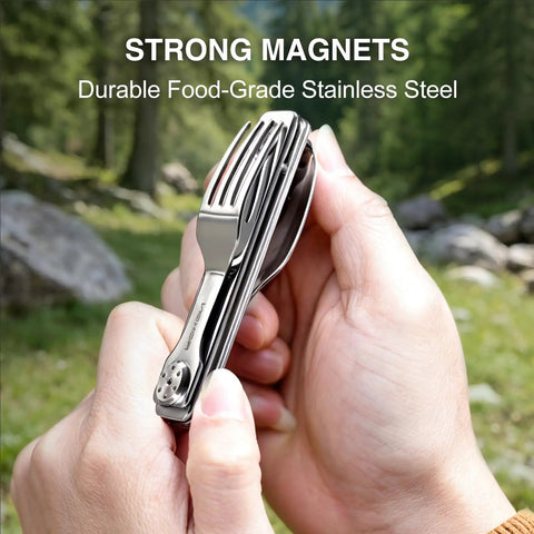 Person holding All In One Camping Utensils Set With Case Featuring Knife Spoon And Fork That Fold Magnetic For Easy Detachment