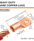 Heavy Duty Beefy Bare Copper Battery Lugs Set 25 Pcs 0000 Gauge Ring Terminals, product dimensions and features diagram.