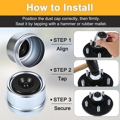 AIUWIZO 1.98in trailer axle dust cap cup with 4 grease caps and 4 rubber plugs; hub bearing dust cap installation steps shown
