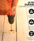 Person using a drill with 8 Pack Adjustable Drill Depth Stop Collar Set With Pro Grade Precision Guide Rings And Wrench, Black Depth Limiter Tool For Drilling, Woodworking And DIY Projects on a wooden plank.