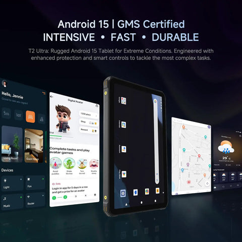 Hardcore Rugged Tablet With 10.95 Inch Screen Running Android 15 Packing 20 GB Ram And 256 GB Storage displayed with apps and map.
