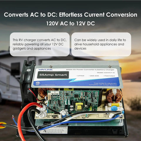 Heavy Duty 55 Amp Rv Power Converter 120V Ac To 12V Dc Battery Charger compact design showing internal components and wiring.
