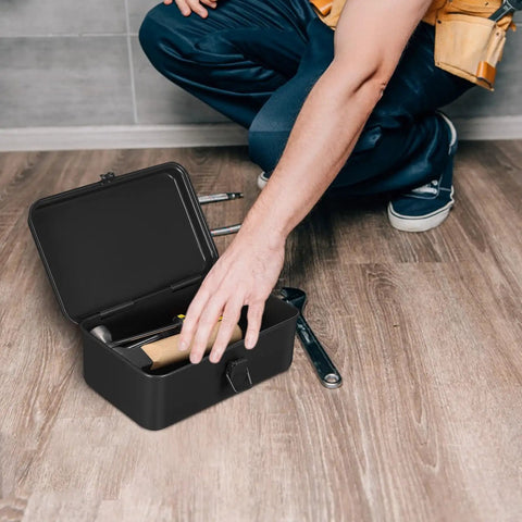 Darn Tough Steel Toolbox With Lock For Trunk Storage, open, showing tools, portable iron case for secure storage.
