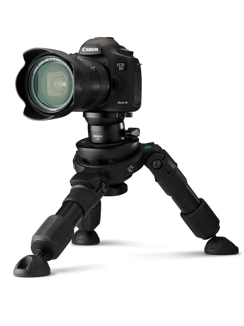 Smooth Camera Leveling Base For Universal Tripods And Video Heads Featuring Easy Turn Dial and Secure Lock Knob mounted with Canon 5D Mark III camera.