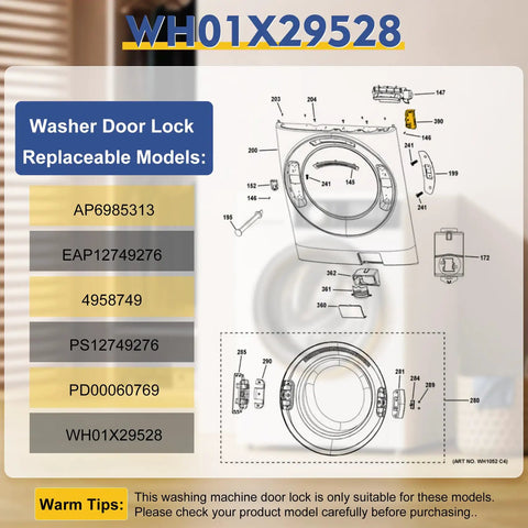 Diagram showing washer door lock compatible models including WH01X29528 for Top Notch Washer Door Lock Replacement Fits Whirlpool Maytag GE Appliances.
