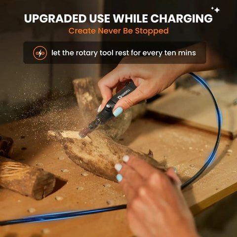 Top Notch Mini Cordless Rotary Tool Accessory Kit With 42 Pieces And 5 Speed Pen Sized Grinder used for detailed engraving on wood.