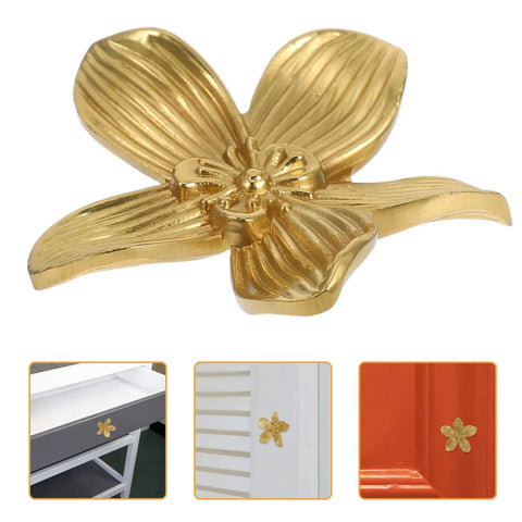 Brushed Brass Five-Leaf Flower Cabinet Knob And Dresser Pull For Wardrobe Drawers, Vintage Furniture Hardware For Bathroom And Kitchen Cabinets, Ergonomic Grip, Go-To Sleek Floral Design installed on various cabinets