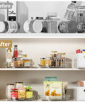 Before and after images of kitchen organization with Smooth As Butter 4 Pack Lazy Susan Turntables on shelves.
