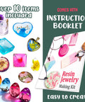 Resin Jewelry Making Starter Kit For Beginners With Molds And Tools Silicone Casting Molds Clear Epoxy Resin Kit shown with instruction booklet and finished jewelry examples