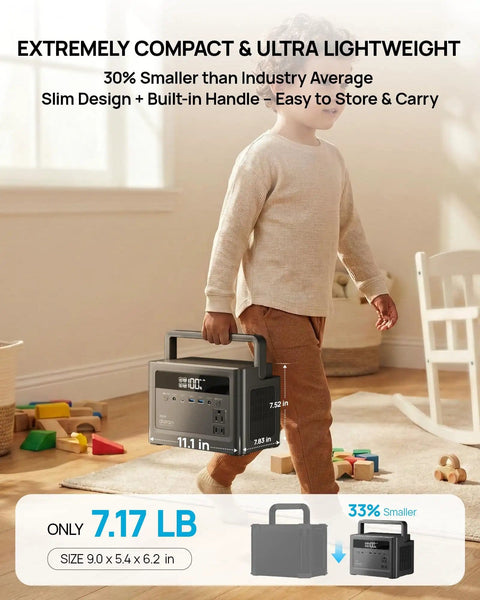 Child carrying Portable Power Station With 700W Surge, 288Wh LiFePO4 Battery Backup, AC Outlet 110V, 350W Continuous in a room