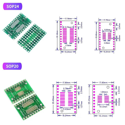 80 Pack PCB Proto Board Kit SMD To DIP Converter Adapter SOP24 SOP20 Layout with pin measurements and converters view.