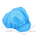 Gotta Love These Five Pack Anti Static Work Caps Designed With Breathable Mesh To Keep Your Head Fresh In Cleanrooms And Workshops Lightweight Blue Scrub Hats shown from side with measurements.