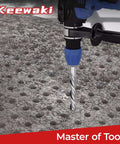 Keewaki SDS-Plus rotary hammer drill bit, front view, 3/16 in x 6 in, in use drilling concrete