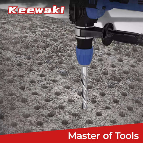 Keewaki SDS-Plus rotary hammer drill bit, front view, 3/16 in x 6 in, in use drilling concrete