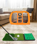 Smart Portable Golf Chipping Net Set with Pop Up Net and Durable Rubber Training Mat in a living room setting.