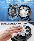 Portable Clip On Fan For Desk And Stroller, USB Rechargeable Mini Table Fan shown being cleaned and disassembled for easy maintenance