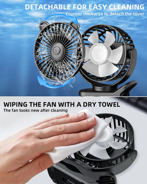 Portable Clip On Fan For Desk And Stroller, USB Rechargeable Mini Table Fan shown being cleaned and disassembled for easy maintenance