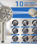 Pro Grade High Pressure 10 Inch Rain Shower Head Combo With Handheld showing 10 settings with brushed nickel finish