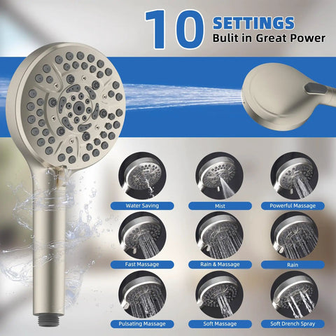 Pro Grade High Pressure 10 Inch Rain Shower Head Combo With Handheld showing 10 settings with brushed nickel finish