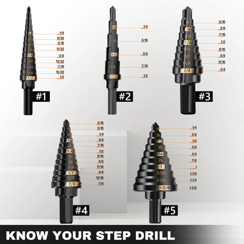 Heavy Duty Step Drill Bit Set 5 Piece Industrial Grade Unibit Kit With 3 Flat Shank High Speed Steel Black Oxide sizes shown