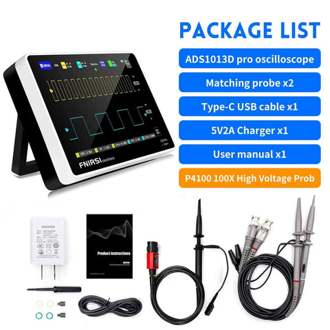 Upgraded 1013D Plus 100X Probe Portable Digital Oscilloscope with display, probes, and accessories for field and lab use