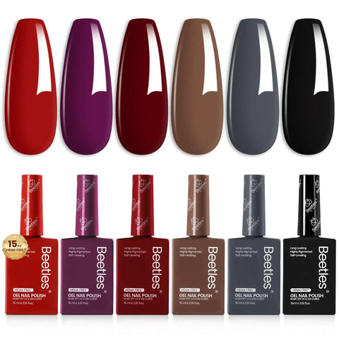 Six Piece Gel Nail Polish Set 15ml Each Full Size Kit With Burgundy Dark Red Brown Black Gray And More Shades For UV Lamp Home Manicure